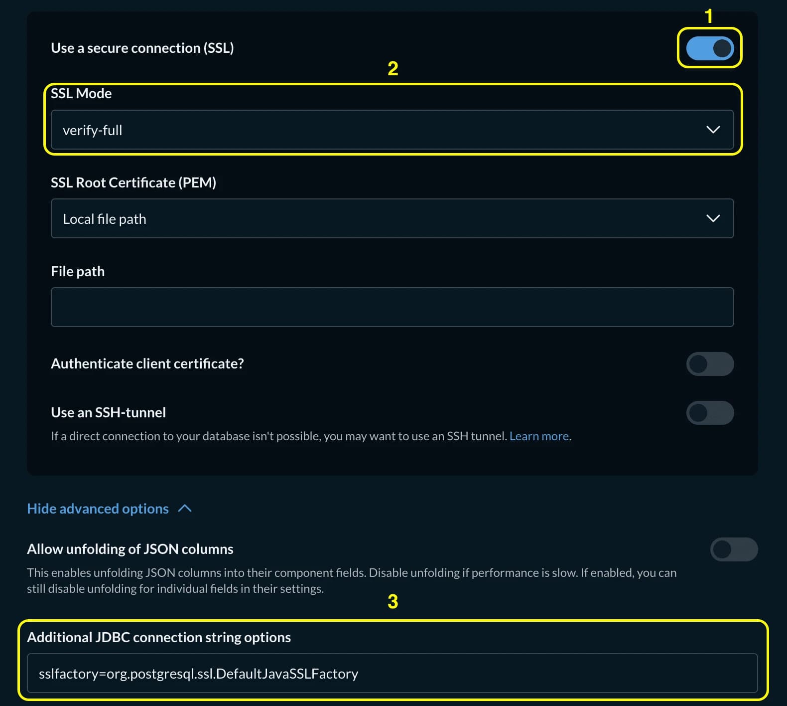 Metabase PostgreSQL SSL settings