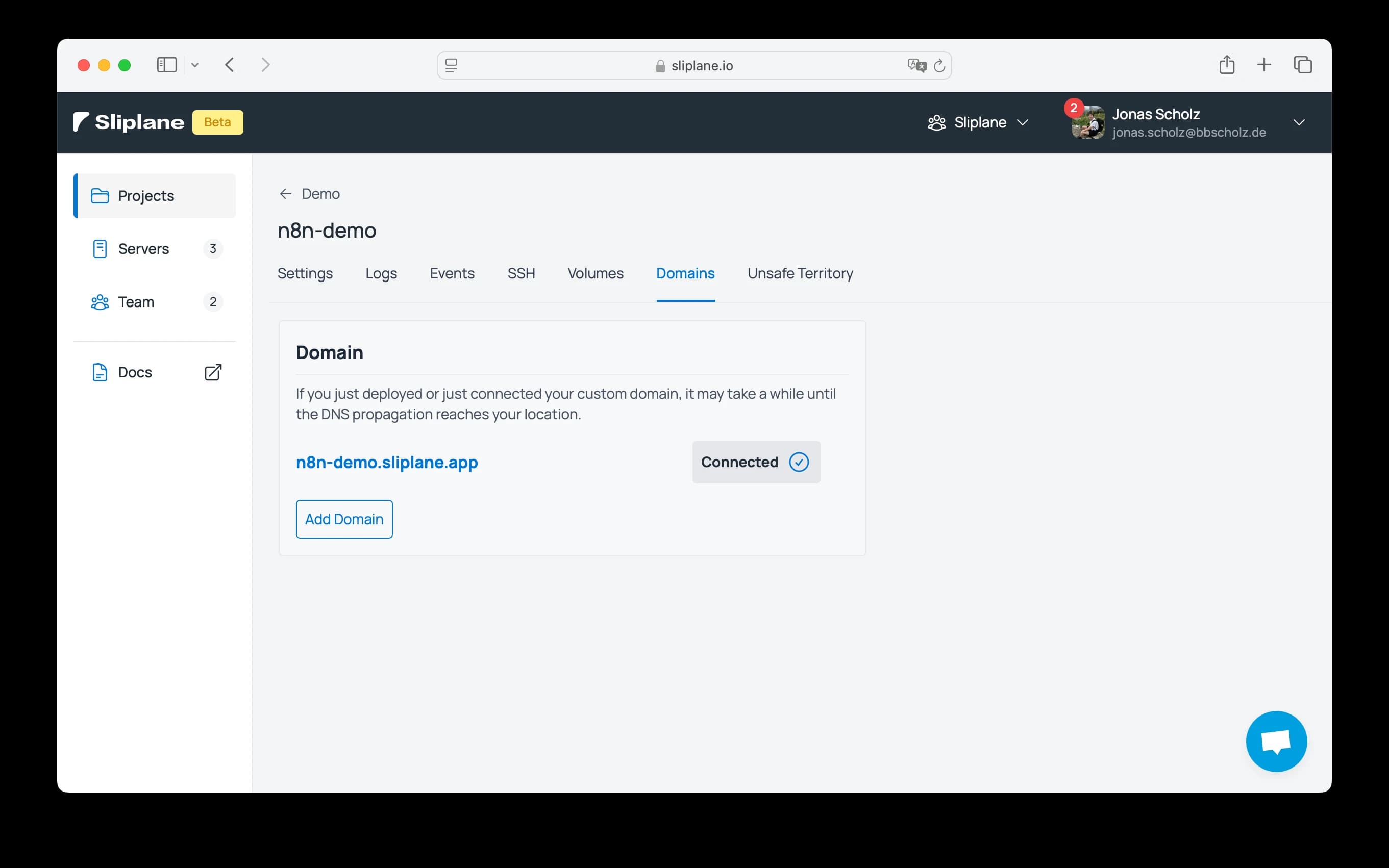 Custom domain settings in Sliplane